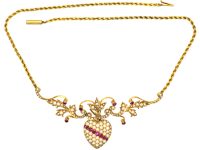 Edwardian 15ct Gold Heart Necklace set with Rubies & Natural Split Pearls in Original Case