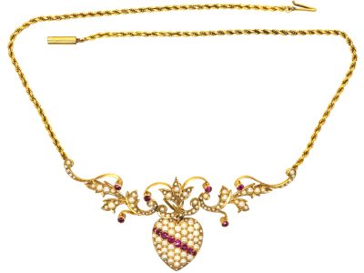 Edwardian 15ct Gold Heart Necklace set with Rubies & Natural Split Pearls in Original Case