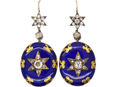 Victorian 18ct Gold & Silver Royal Blue Enamel & Diamond Star Earrings