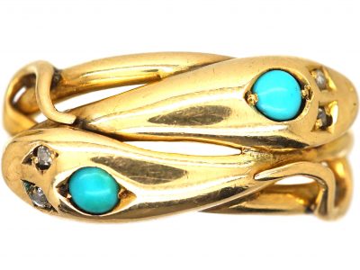 Early 20th Century 18ct Gold Double Snake Ring set with Turquoise & Rose Diamond Eyes
