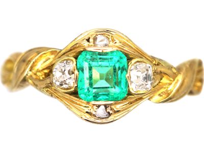 Early Victorian 15ct Gold Emerald & Diamond Ring with Intertwined Motif
