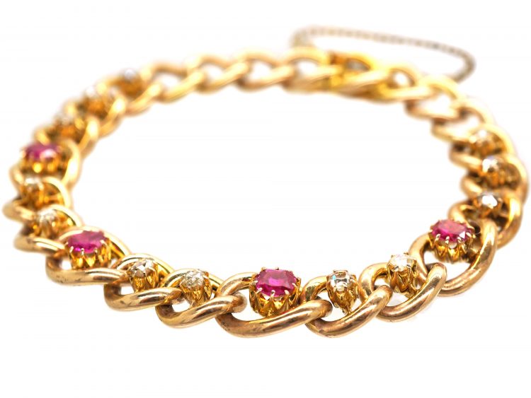 Edwardian 15ct Gold Curb Bracelet set with Pink Sapphires & Diamonds