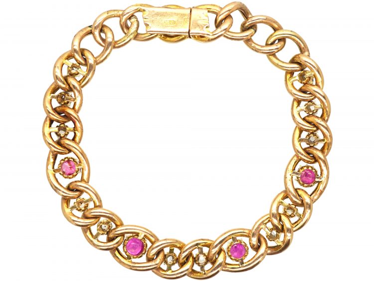 Edwardian 15ct Gold Curb Bracelet set with Pink Sapphires & Diamonds
