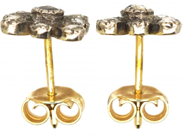 Victorian 15ct Gold & Silver Rose Diamond Flower Earrings