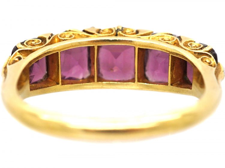 Victorian 18ct Gold Carved Half Hoop Ring set with Garnets with Diamond Points