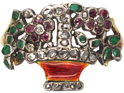 Georgian Gold & Enamel Giardinetti Ring set with Diamonds, Emeralds & Rubies