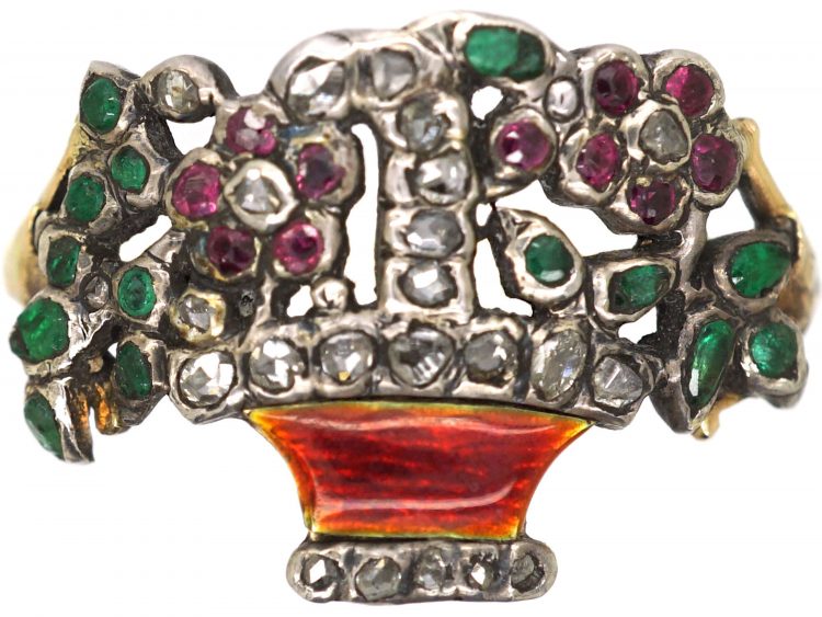Georgian Gold & Enamel Giardinetti Ring set with Diamonds, Emeralds & Rubies