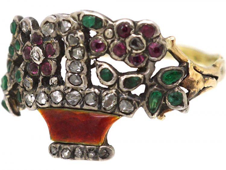 Georgian Gold & Enamel Giardinetti Ring set with Diamonds, Emeralds & Rubies