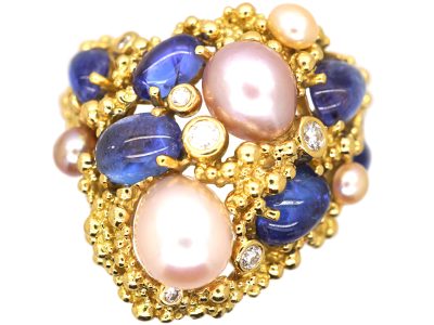 Large 18ct Gold Cabochon Sapphire, Pearl & Diamond Ring by Gilbert Albert