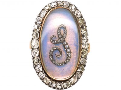 Georgian 9ct Gold & Silver Ring With S Motif on Opaline Glass & Diamonds Around