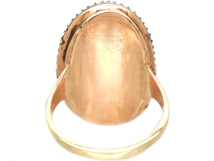 Georgian 9ct Gold & Silver Ring With S Motif on Opaline Glass & Diamonds Around