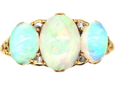 Edwardian 18ct Gold Carved Half Hoop Ring set with Three Opals & Rose Diamond Points
