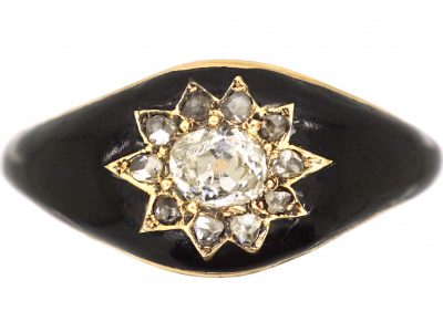 Victorian 18ct Gold, Black Enamel Star Ring set with Diamonds