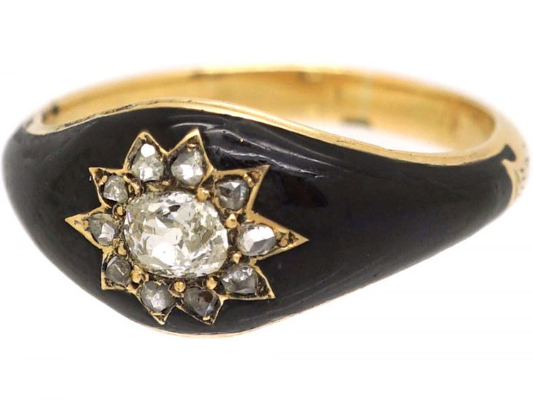 Victorian 18ct Gold, Black Enamel Star Ring set with Diamonds