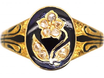 Victorian 18ct Gold, Rose Diamond & Black Enamel Mourning Ring with Forget me Not Detail