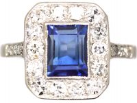 Art Deco Platinum Sapphire & Diamond Rectangular Ring with Diamond Set Shoulders