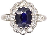 Edwardian 18ct White Gold, Sapphire & Diamond Cluster Ring with Diamond set Shoulders