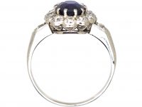 Edwardian 18ct White Gold, Sapphire & Diamond Cluster Ring with Diamond set Shoulders