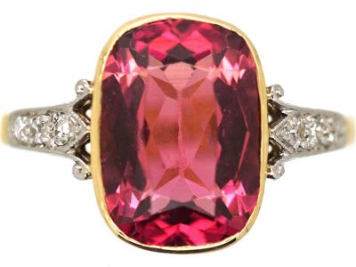 Edwardian 18ct Gold & Platinum Pink Tourmaline Ring with Diamond Detail on the Shoulders
