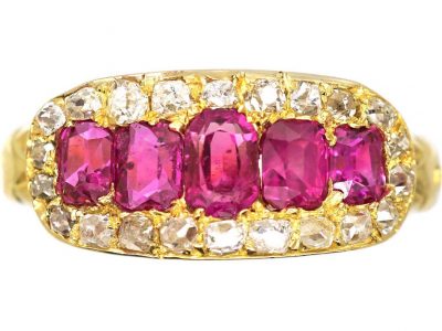 Edwardian 18ct Gold Five Stone Ruby & Diamond Boat Shaped Ring