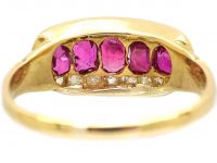 Edwardian 18ct Gold Five Stone Ruby & Diamond Boat Shaped Ring