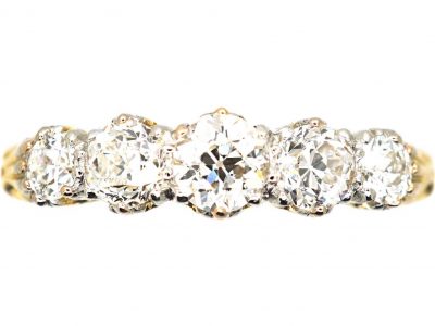 Edwardian 18ct Gold, Five Stone Diamond Carved Half Hoop Ring
