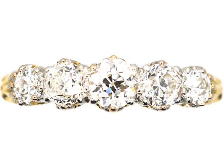 Edwardian 18ct Gold, Five Stone Diamond Carved Half Hoop Ring