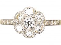 Edwardian 18ct Gold & Platinum, Diamond Cluster Ring with Diamond set Shoulders