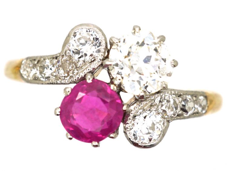 Edwardian 18ct Gold & Platinum, Pink Sapphire & Diamond Crossover Ring