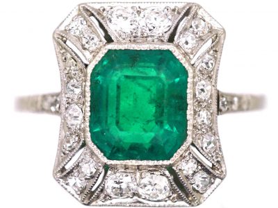 Art Deco 18ct White Gold Emerald & Diamond Rectangular Ring