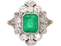 Art Deco 18ct Gold & Platinum, Emerald & Diamond Ornate Ring
