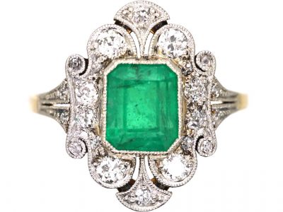 Art Deco 18ct Gold & Platinum, Emerald & Diamond Ornate Ring
