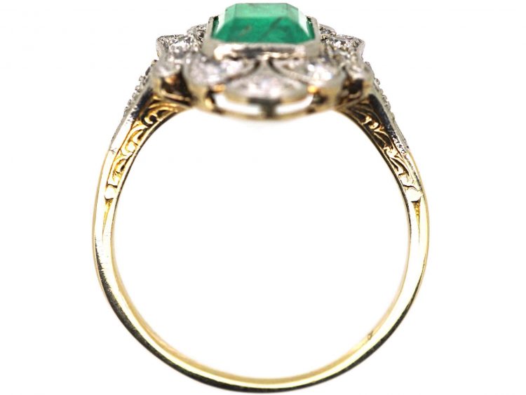 Art Deco 18ct Gold & Platinum, Emerald & Diamond Ornate Ring