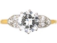 Art Deco 18ct Gold & Platinum Solitaire Diamond Ring with Diamond set Shoulders