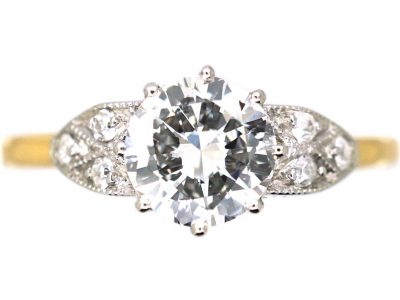Art Deco 18ct Gold & Platinum Solitaire Diamond Ring with Diamond set Shoulders