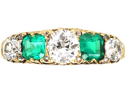 Edwardian 18ct Gold Five Stone Diamond & Emerald Carved Half Hoop Ring