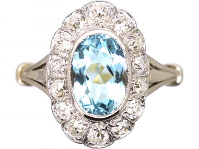 Edwardian 18ct Gold, Aquamarine & Diamond Oval Cluster Ring