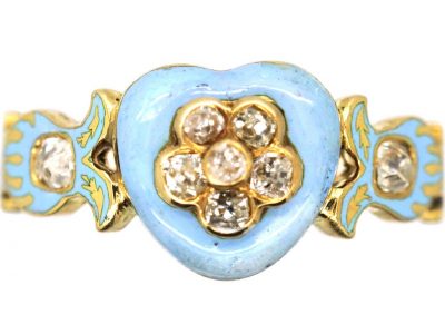 Georgian 18ct Gold, Pale Blue Enamel & Diamond Heart Shaped Ring