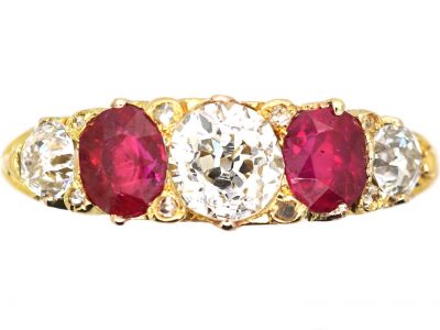 Victorian 18ct Gold Five Stone Ruby & Diamond Carved Half Hoop Ring