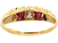 Victorian 18ct Gold Five Stone Ruby & Diamond Carved Half Hoop Ring
