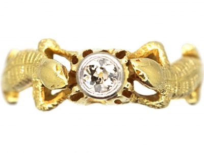 Art Nouveau 14ct Gold Lizard Ring set with a Diamond