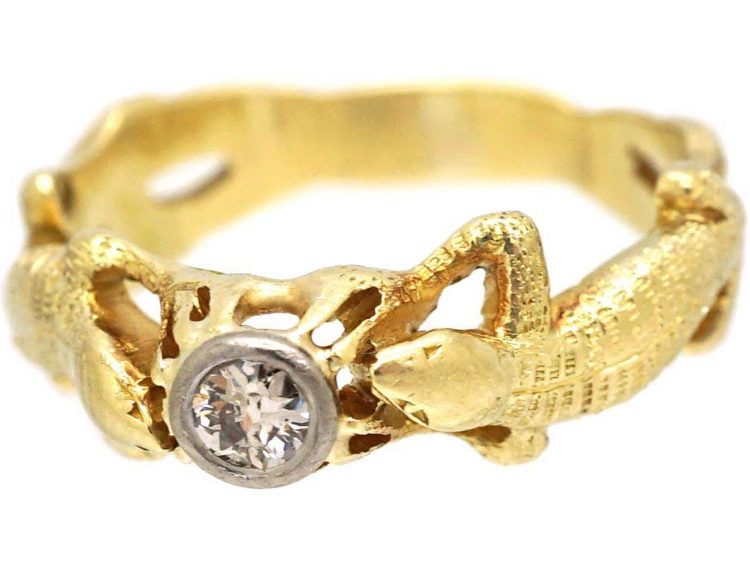 Art Nouveau 14ct Gold Lizard Ring set with a Diamond