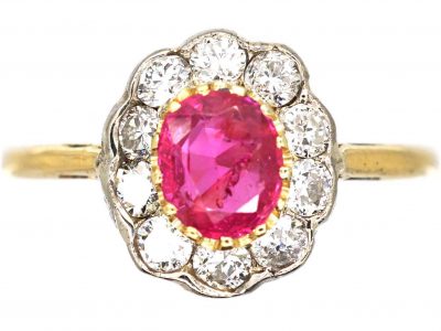 Edwardian 18ct Gold & Platinum, Pink Sapphire & Diamond Oval Cluster Ring