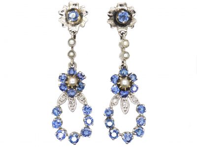 Early 20th Century 18ct White Gold, Sapphire, Diamond & Pearl Drop Earrings