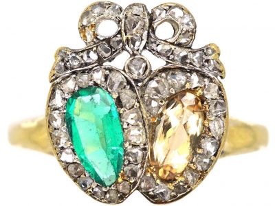 Victorian 18ct Gold, Rose Diamond Emerald & Topaz Double Heart Ring