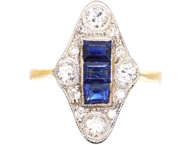 Art Deco 18ct Gold & Platinum, Sapphire & Diamond Navette Shaped Ring