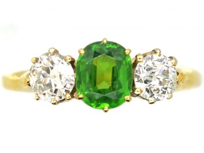 Edwardian 18ct Gold Three Stone Green Garnet & Diamond Ring