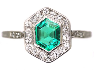 Art Deco Platinum, Hexagonal Emerald & Diamond Ring