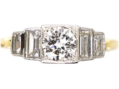 Art Deco 18ct Gold & Platinum Diamond Solitaire Ring with Baguette Cut Diamond Shoulders
