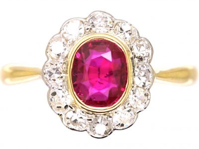 Edwardian 18ct Gold & Platinum Ruby & Diamond Oval Cluster Ring